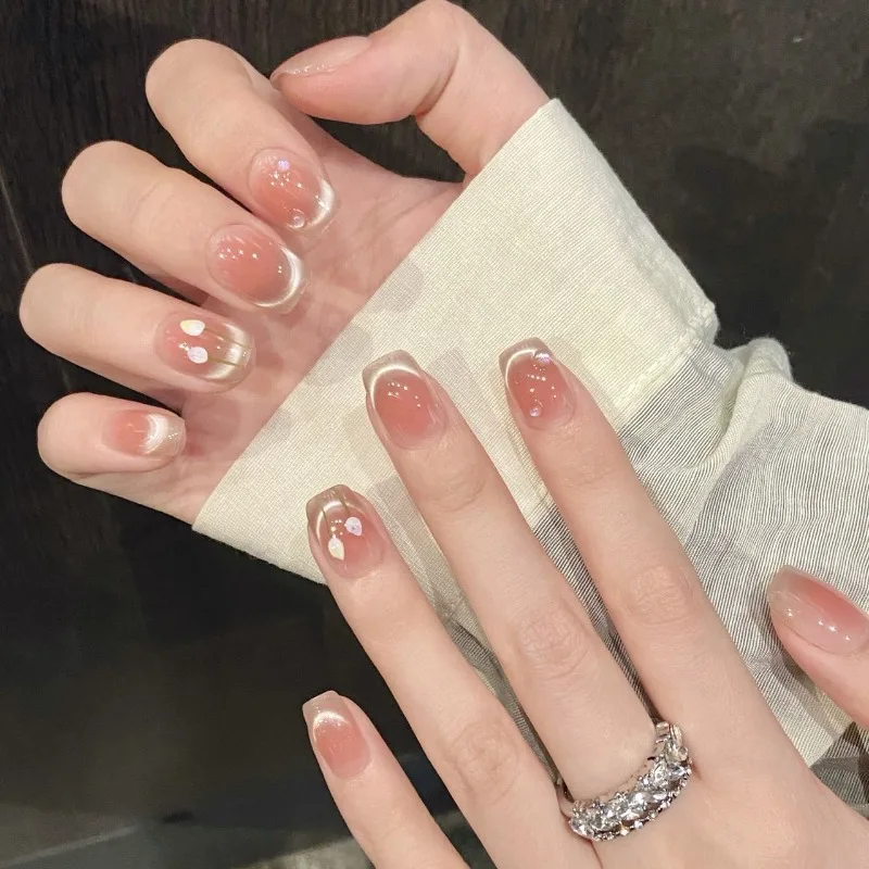 10 pçs artesanal flor moda unhas falsas verão rosa olho de gato francês quadrado imprensa em unhas primavera verão unhas falsas removíveis