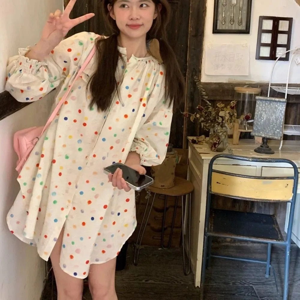 

Leisure Sweet Colorful Dots Blouse Loose Casual Long Sleeve Shirt Thin Spring Autumn Pleated Shirt Top Spring Fall