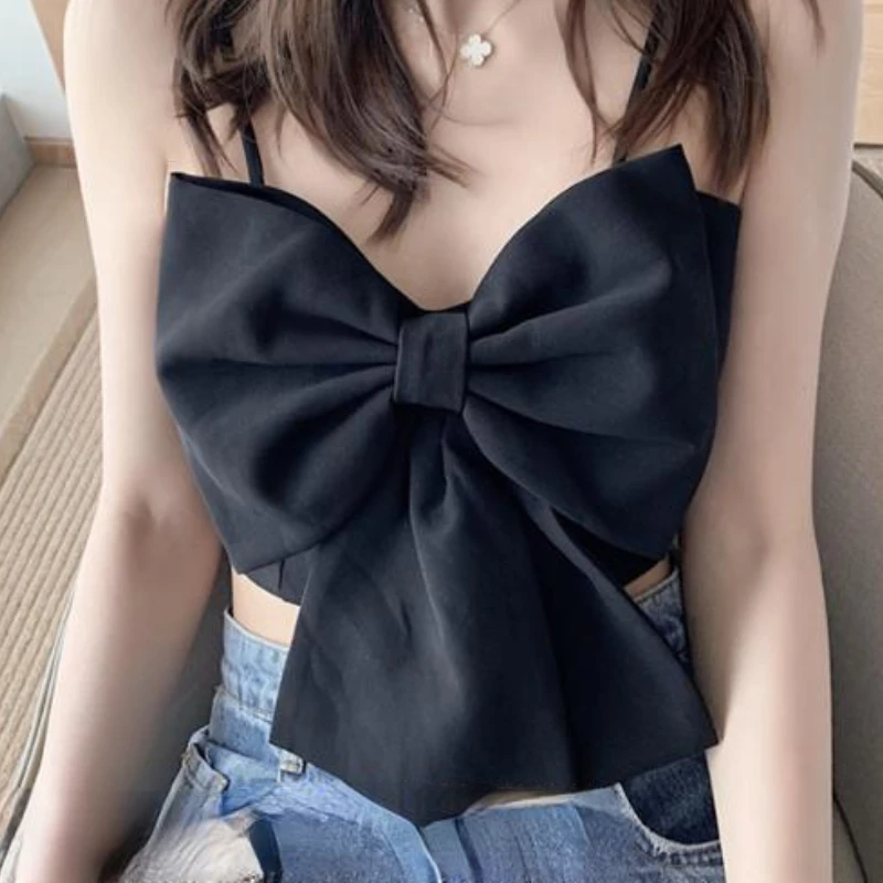 Camis Women Bow Design Sweet Streetwear Fashion Sexy Kawaii All-match Girlish Popular Vacation Casual Cozy Crop Top Youth Y2K