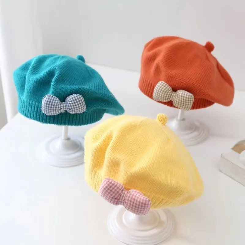 Autumn Winter Baby Girls Warm Grids Bowknot Knitted Hats Children Beret Beanie Hat Soft Comfortable Kids Bonnet For 1-2 Years