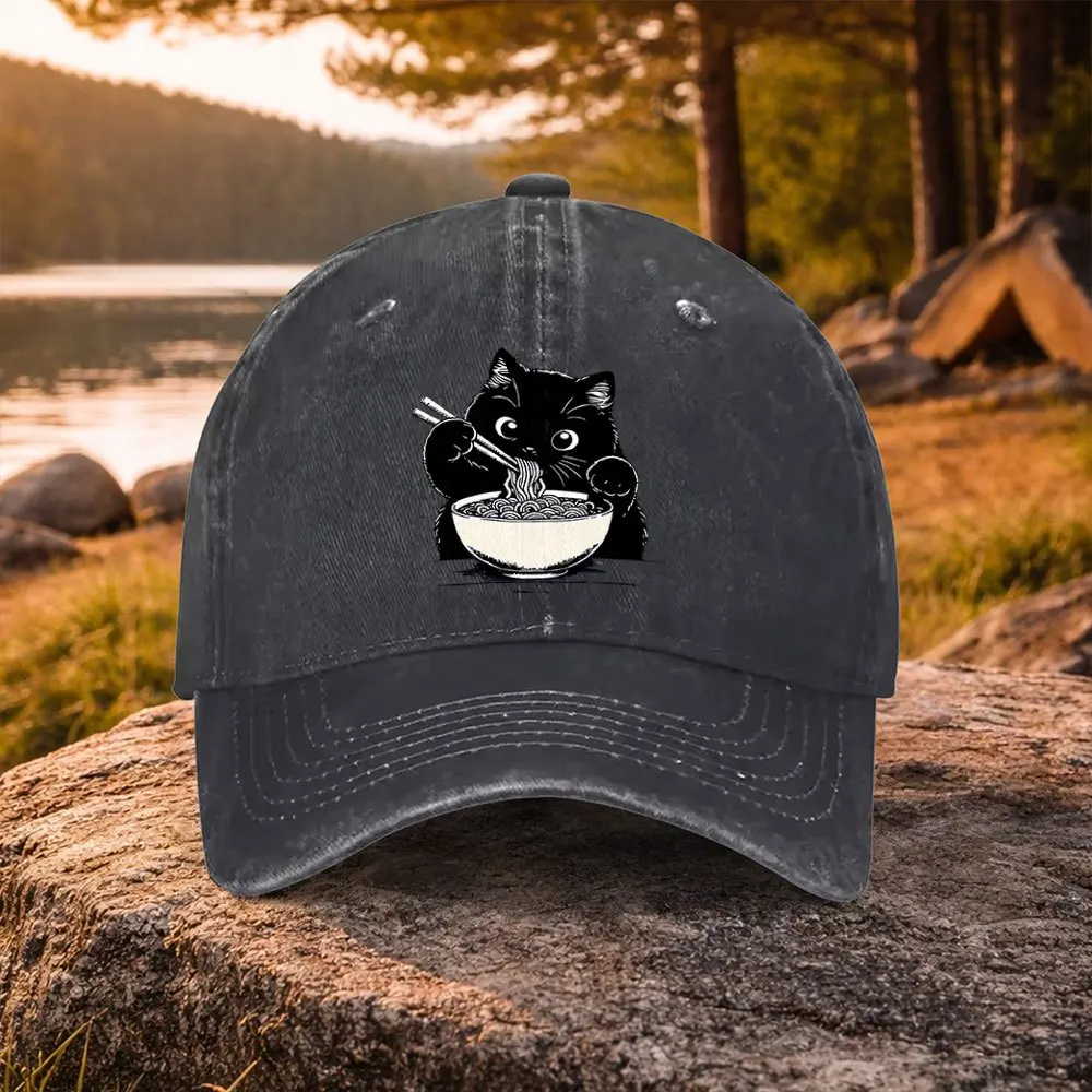 Casual Versatile Washed Baseball Cap with Black Cat Eating Noodles Print, Suitable for Golf, Casual Wear, and Outdoor Activities