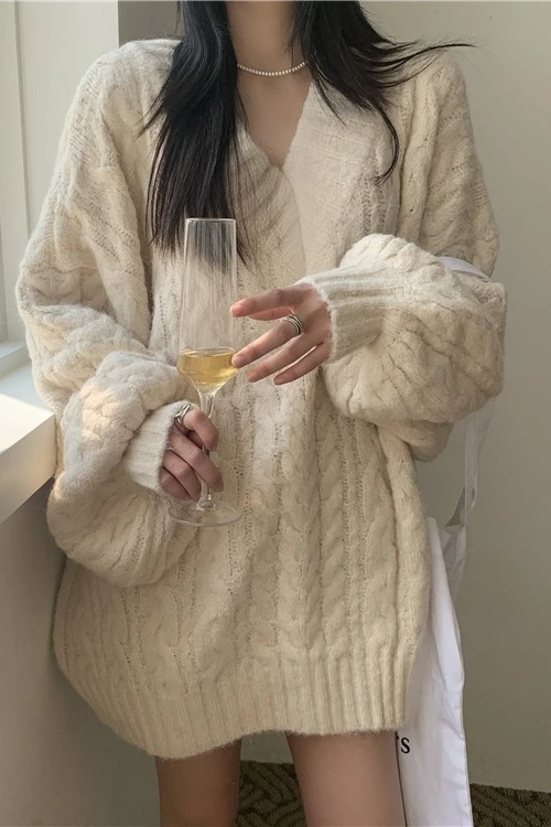 

Women's V-Ne Thiened Loose Sweater Blue Twist Autumn Winter New Sle 2023 Comfortable Warmth Long Sve Casual Top