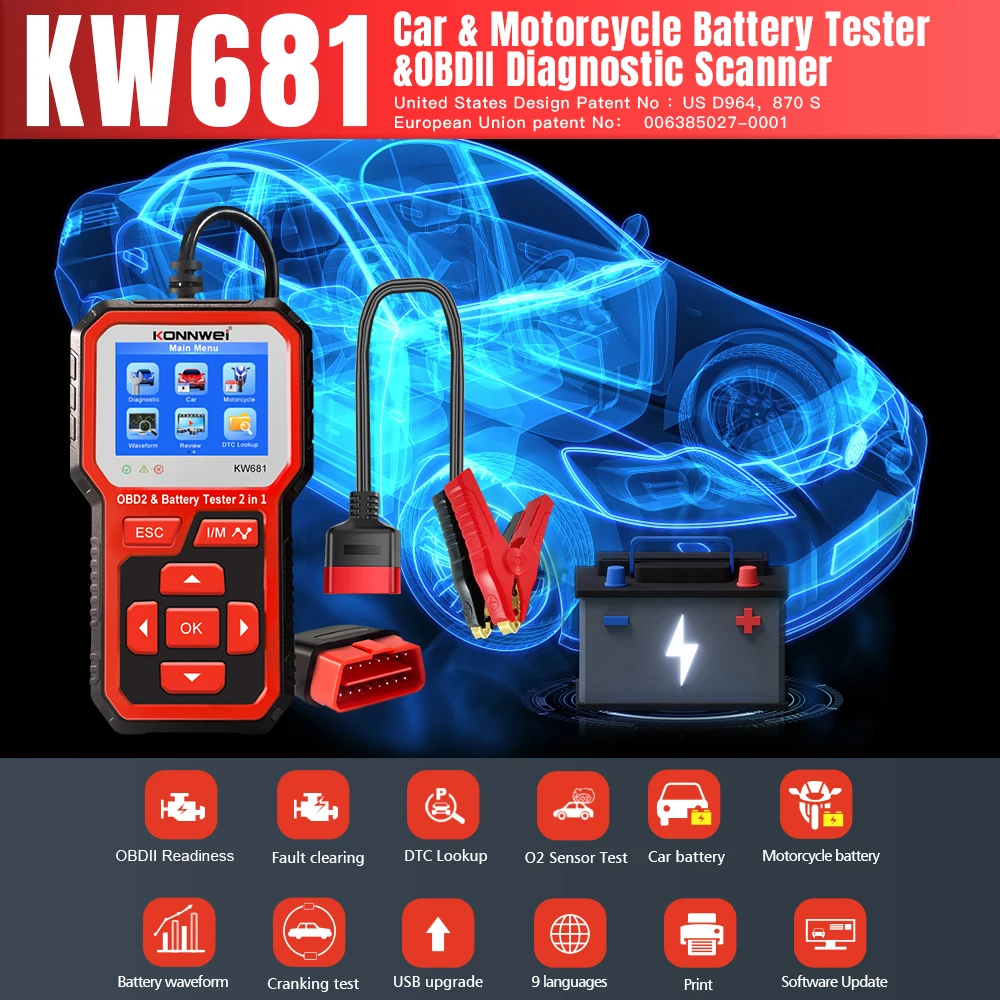 

KONNWEI автомобильный OBD диагностический инструмент неисправностей 6-12 В тестер батареи поддерживает модернизация печати данных неисправностей автомобильный OBD диагностический инструмент