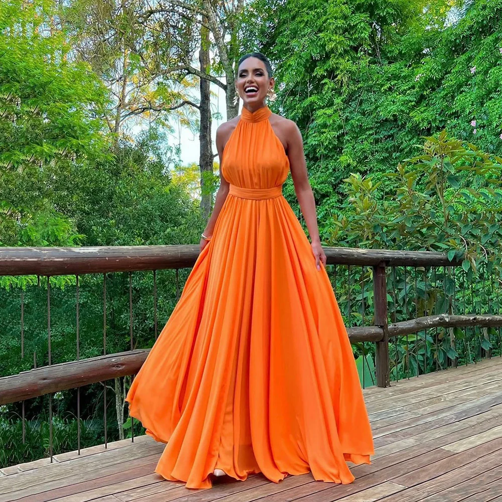 

Msikoods Orange Halter Evening Dresses Pleated Chiffon A Line Floor Length Prom Dresses Women Elegant Party Dress Customized