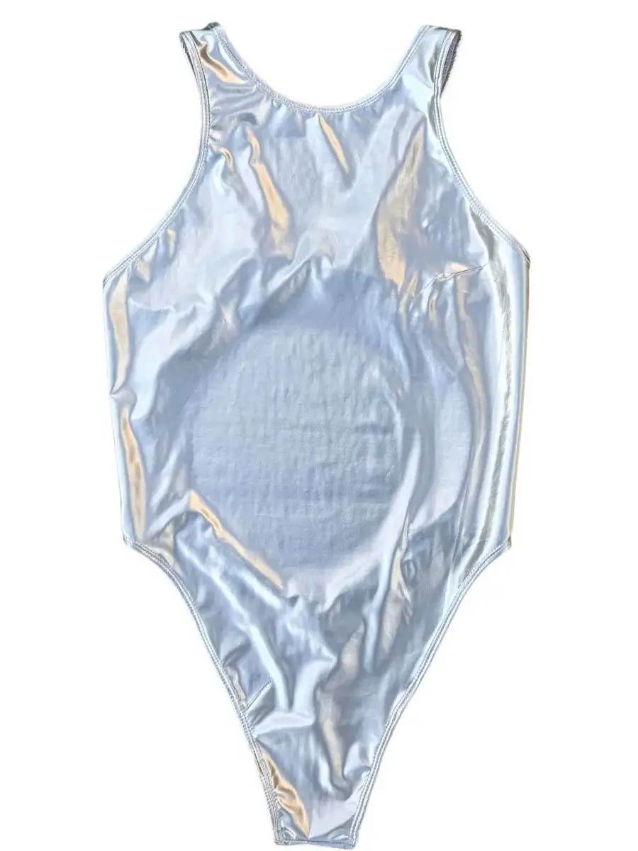 

S-3XL Комбинезон из ПВХ с мокрым эффектом, купальник из блестящей искусственной кожи, боди с открытой спиной и высоким вырезом, колготки Sukumizu, горячие сексуальные боди