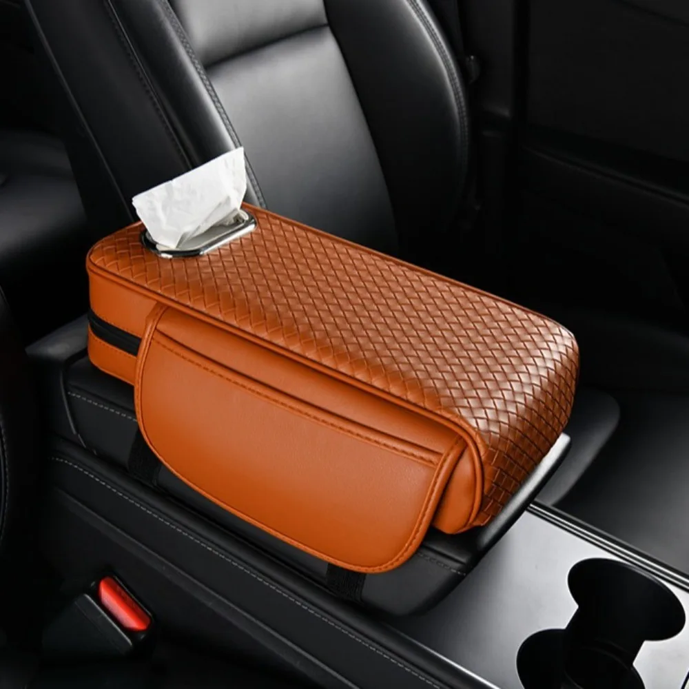 PU Leather Car Armrest Cover Elbow Rest Universal Car Armrest Pad with Tissue Box Thicken Dust-proof Arm Rest Protector Mat Auto