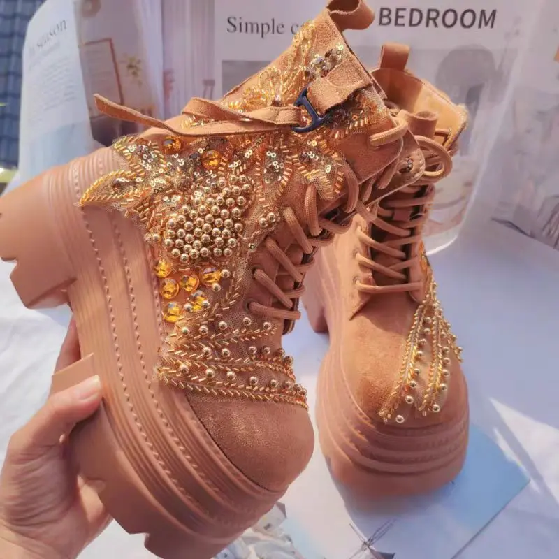 Heavy industry beaded water diamond sequined thick-soled ankle boots, fashionable large-sized thickened women's boots 36-39