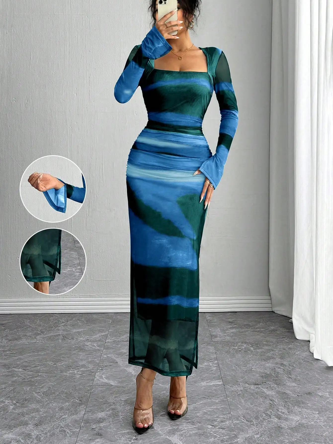 Nice Long Sleeve, Split Cuff, Drawcord Waist, U-Neck, Mesh Abstract Print Fitted Dress For Women Maxi Women Outfit