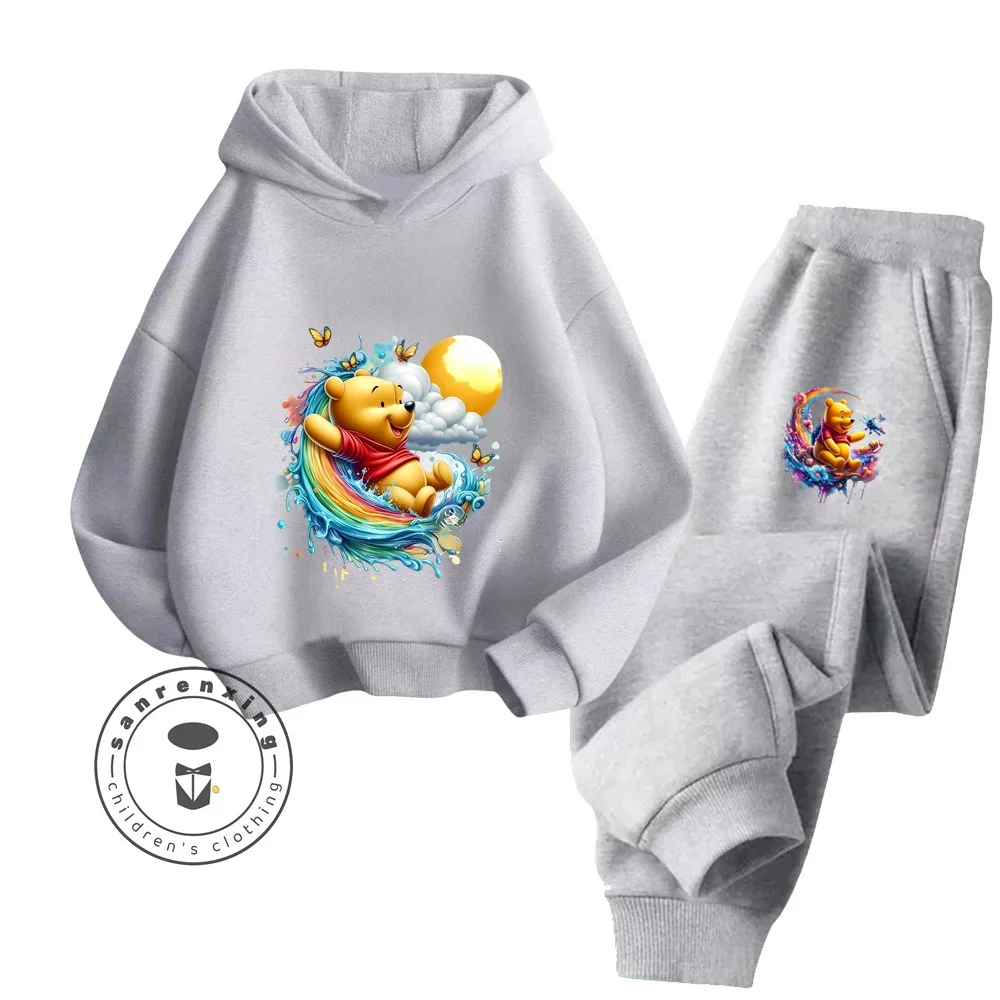 Winnie the Pooh Cartoon Long Sleeve Hoodie Pant Set Pure Cotton Fun Bear Cartoon Characters Children\'s Fall Winter Hoodie Set