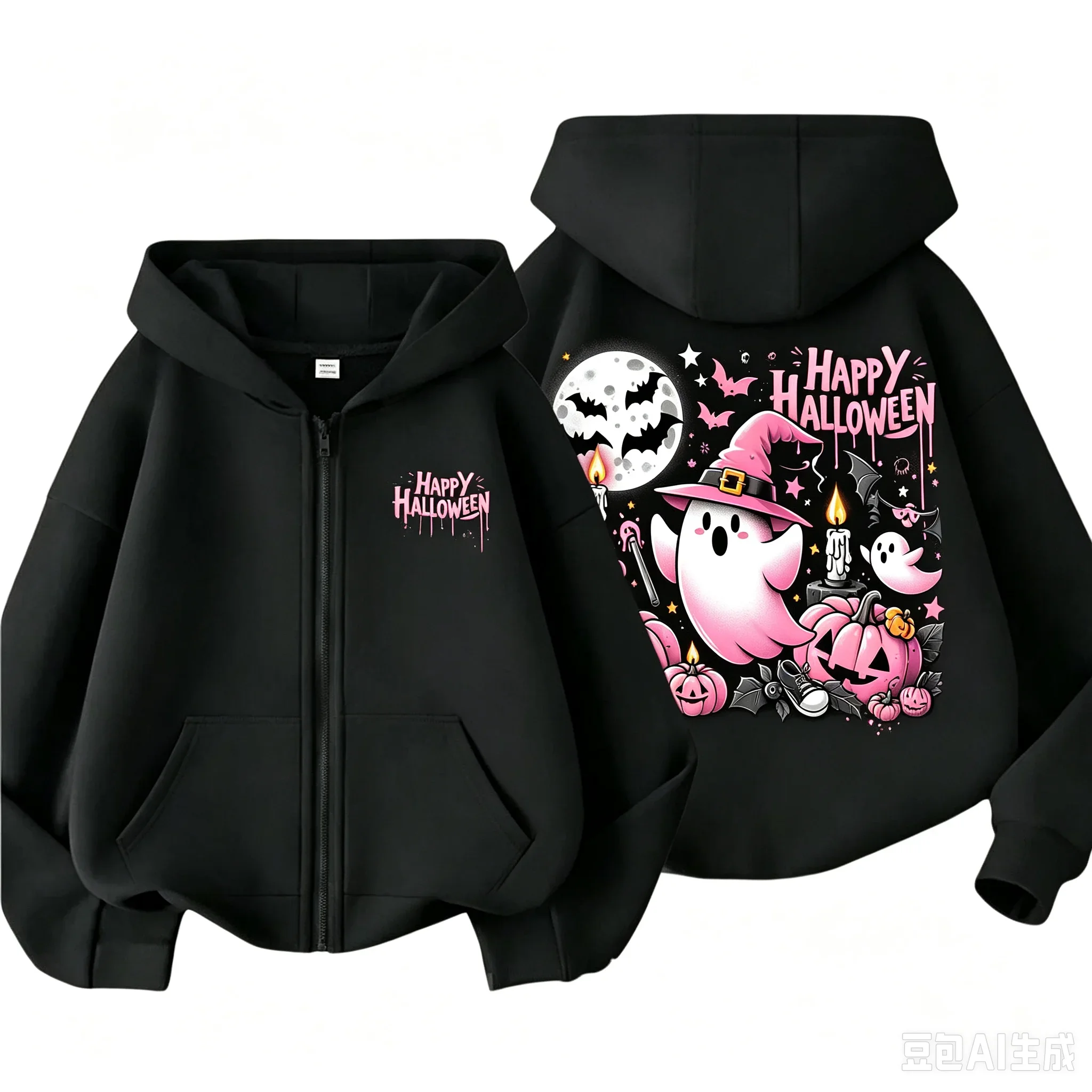 Kids Happy Halloween Zip Hoodie Cartoon Ghost Witch Moon And Pumpkin Elements Print Long Sleeve Casual Hooded Sweatshirt Jacket