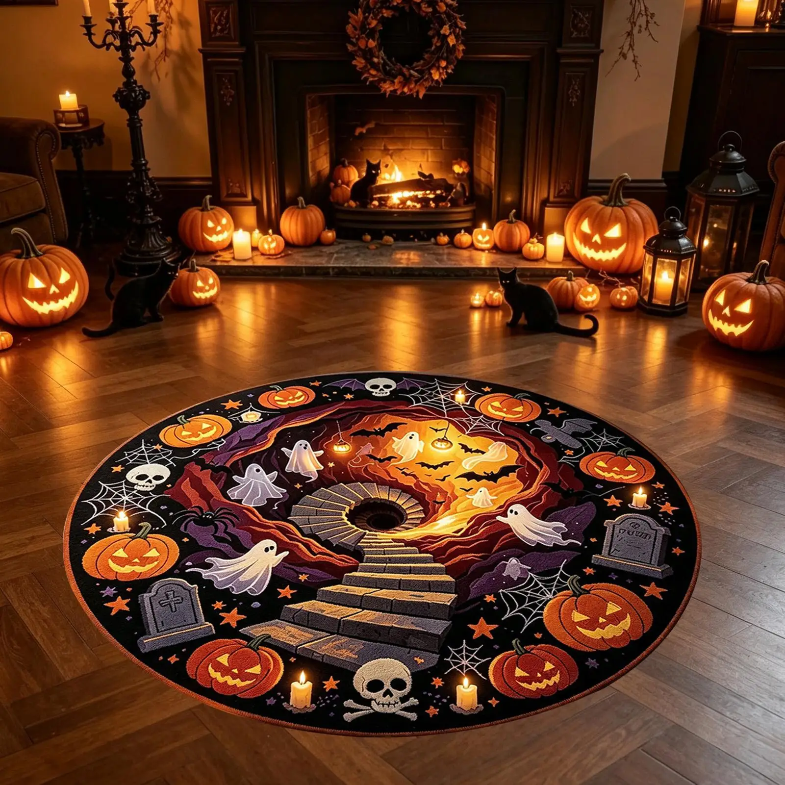 Halloween Rug 60x60cm Anti Slip Optical Illusion Seasonal Doormat Round Festive Entrance for Home Office Apartment Living Room
