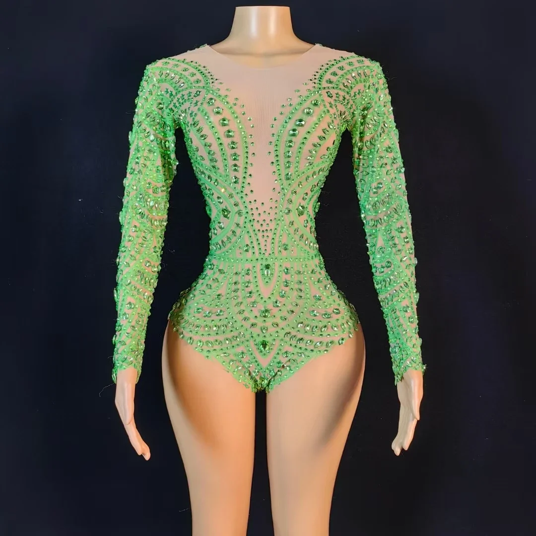 Sparkle Green Diamond Crystal Long Sleeved Jumpsuit Lady Fashion Club Party Costumes Sexy Rhinestone Stage Performance Bodysuits