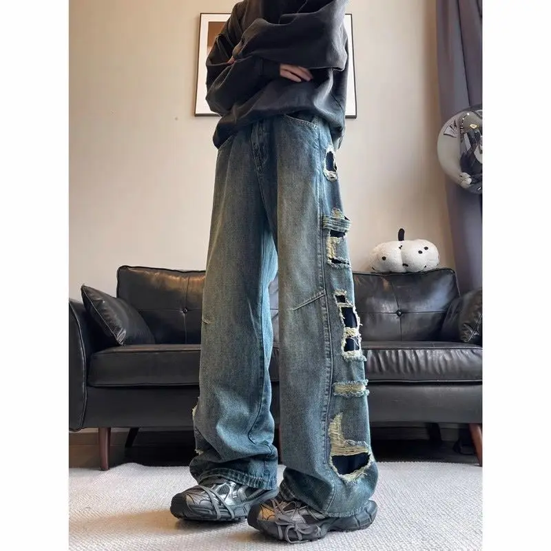 

Retro Patch Ripped Jeans Men's High Street Ruffian Handsome Casual Skinny Loose Straight Wide Leg Pants