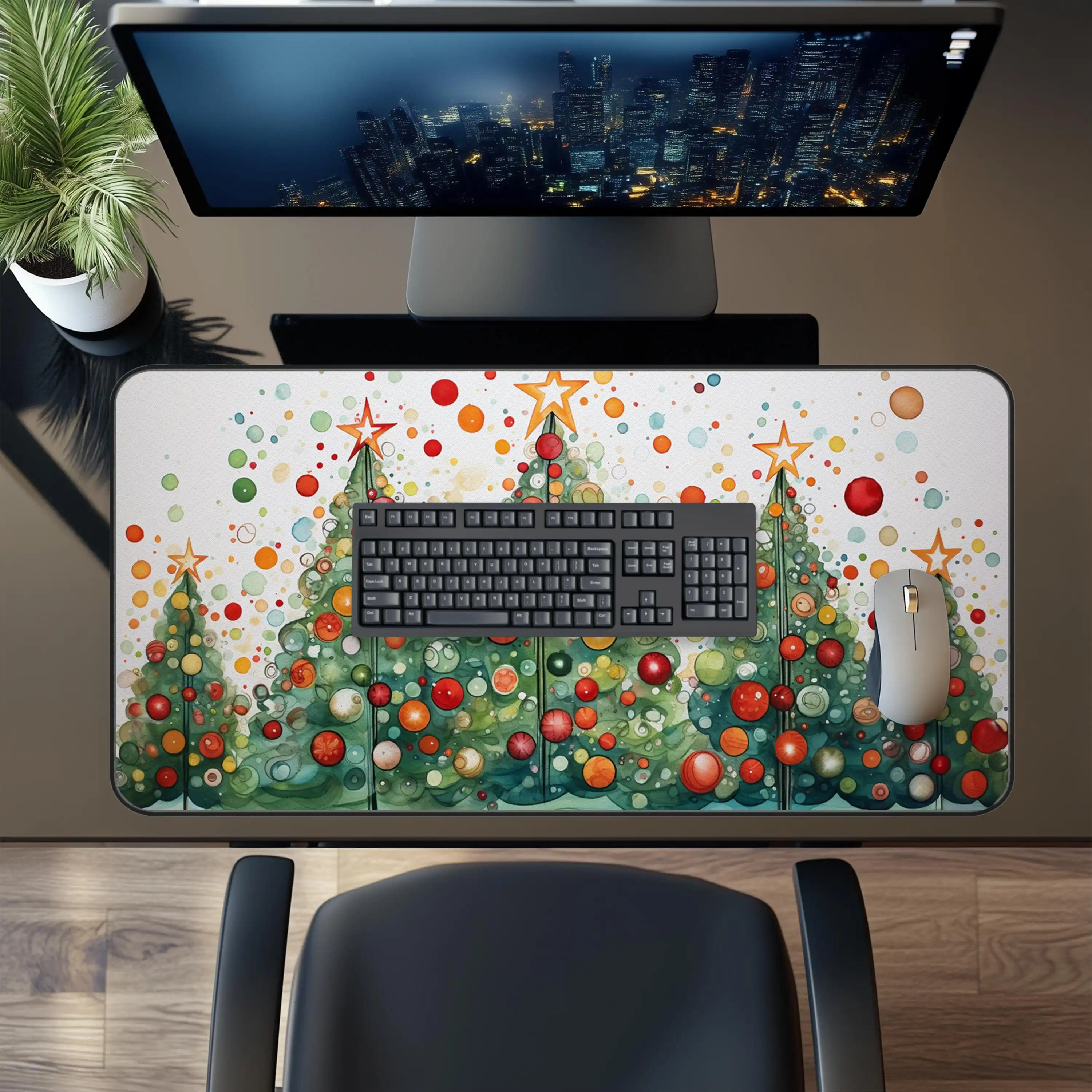Watercolor Christmas Tree Desk Mat, Office Decoration, Workspace Accessory, Home Office, Unique Gift for Her, Modern Desktop Pad