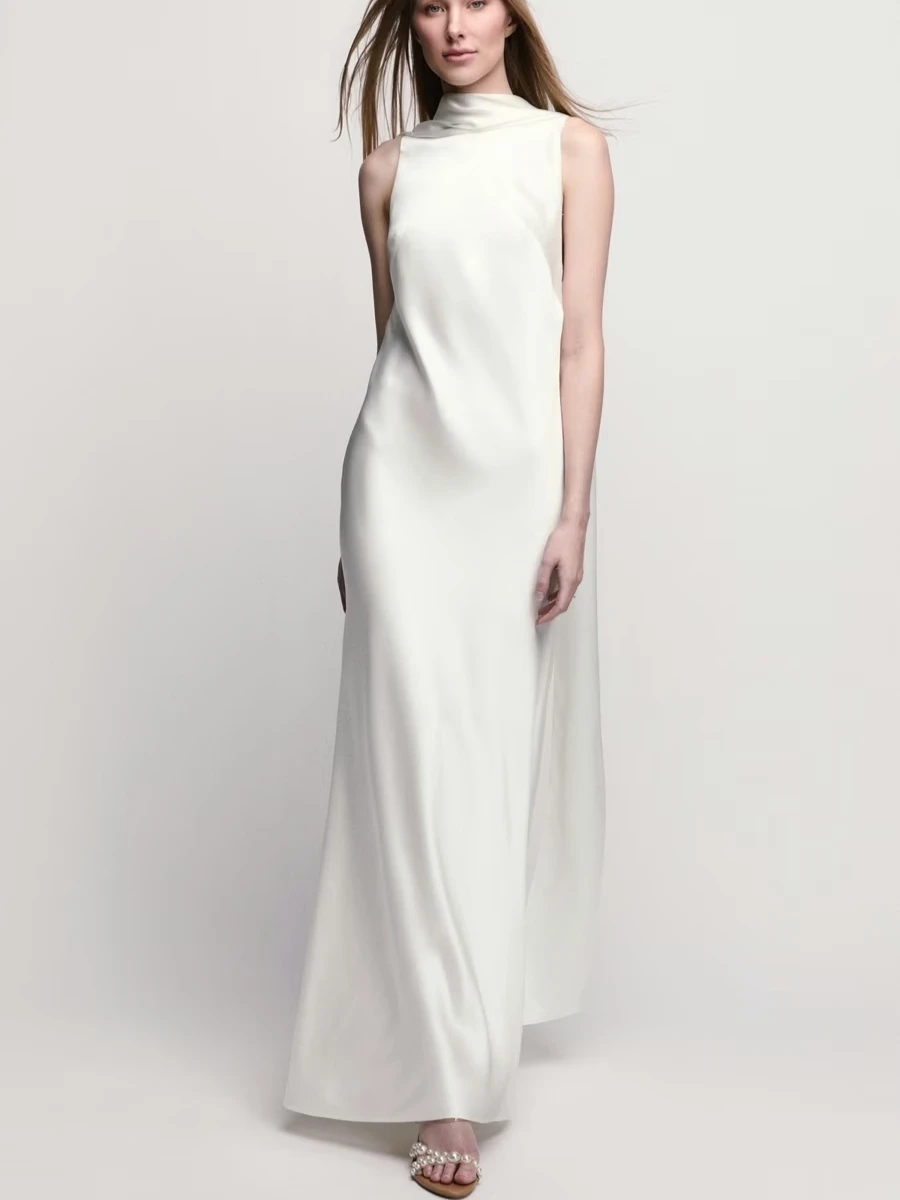 

Minimalist High Cowl Neck Satin Wedding Dress Sleeveless Deep Open Back Flowing Cape Ribbon Maxi Gown Civil Bridal Evening Dress