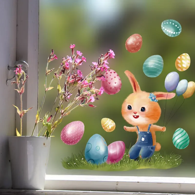 Happy Easter Bunny Window Sticker Cute Rabbit Egg Removable Door Wall Sticker Electrostatic Decals Window Paste Home Room Decor