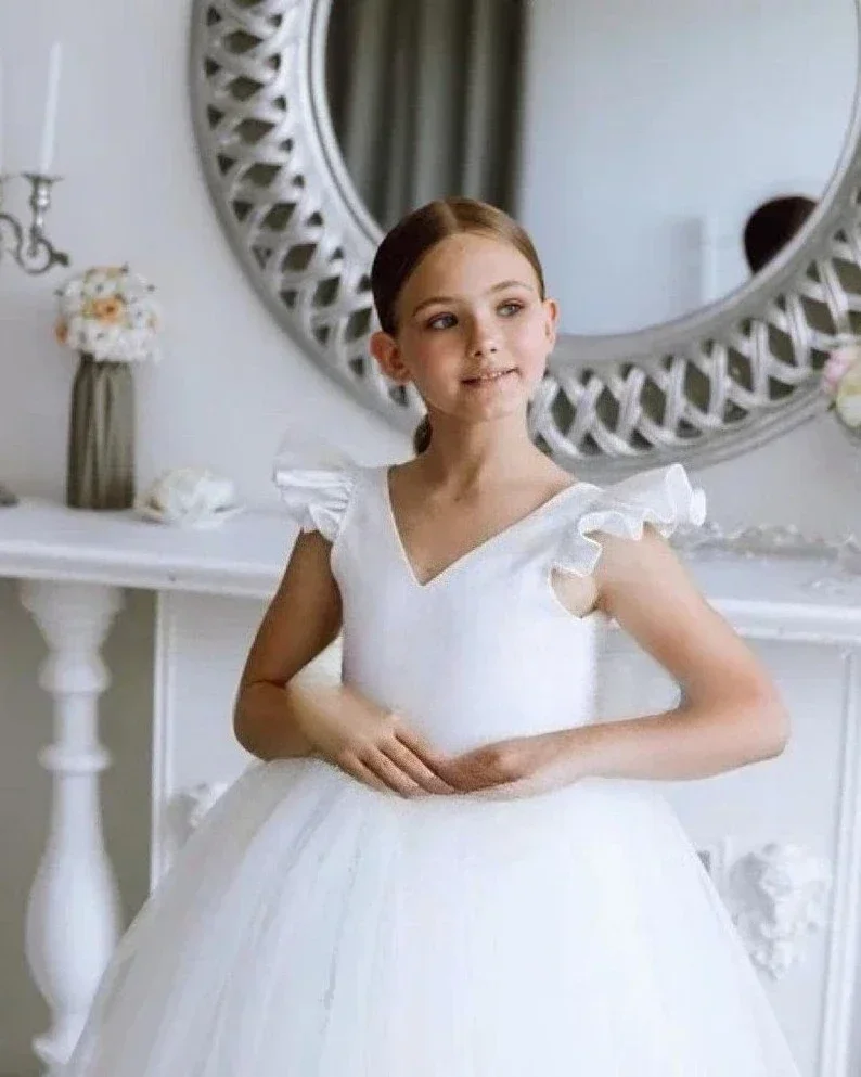 Pageant Dresses for Girls Tutu Tulle Flower Girl Dress Satin Baby Toddler Dress With Train Junior Bridesmaid Wedding Dress