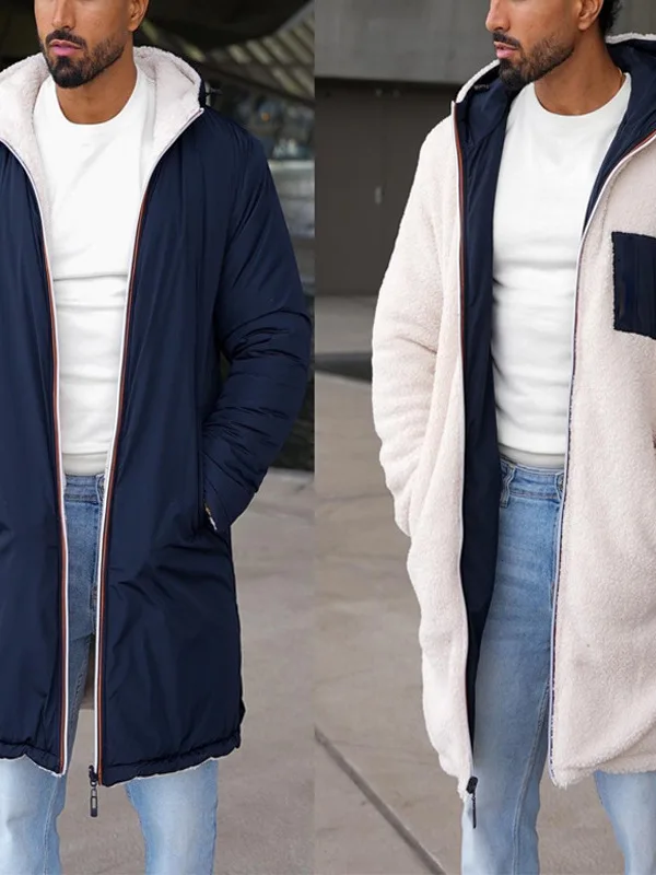 

Мужская теплая модная шерстяная куртка с двусторонней молнией и капюшоном, двусторонняя, осенне-зимняя верхняя одежда