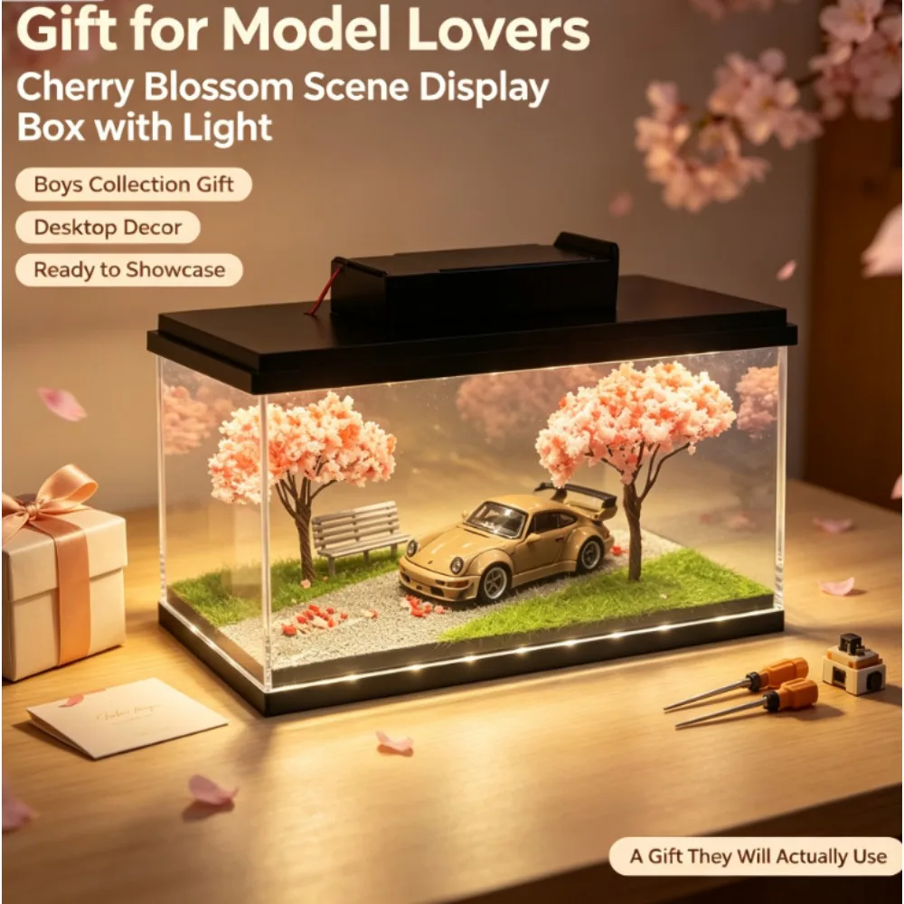 New 1:64 Cherry Blossom Scene Acrylic Display Box with Light Home Decor Stand Mini Ornament Shooting Scene Boys Collection Gift