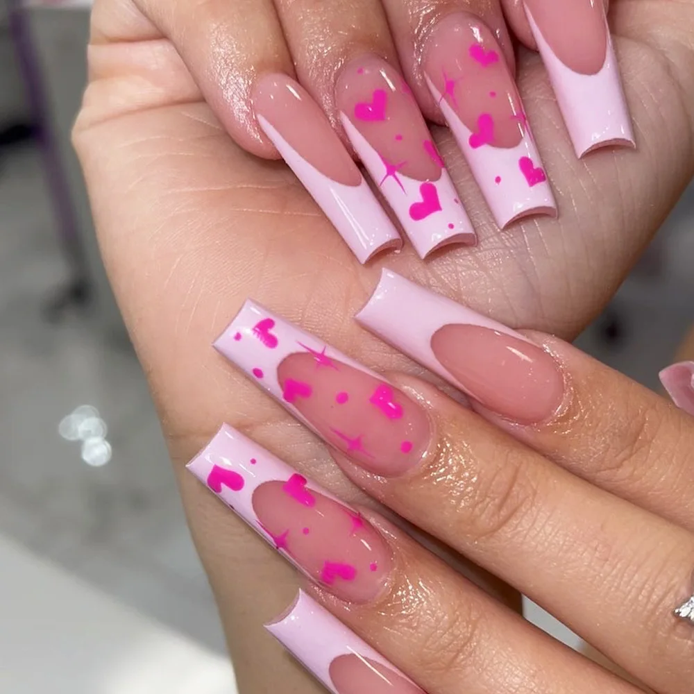 Romantic Valentine Heart Star Pattern Long Ballet Fake Nails Pink French Detachable Finished False Nails Press on Nail with Glue