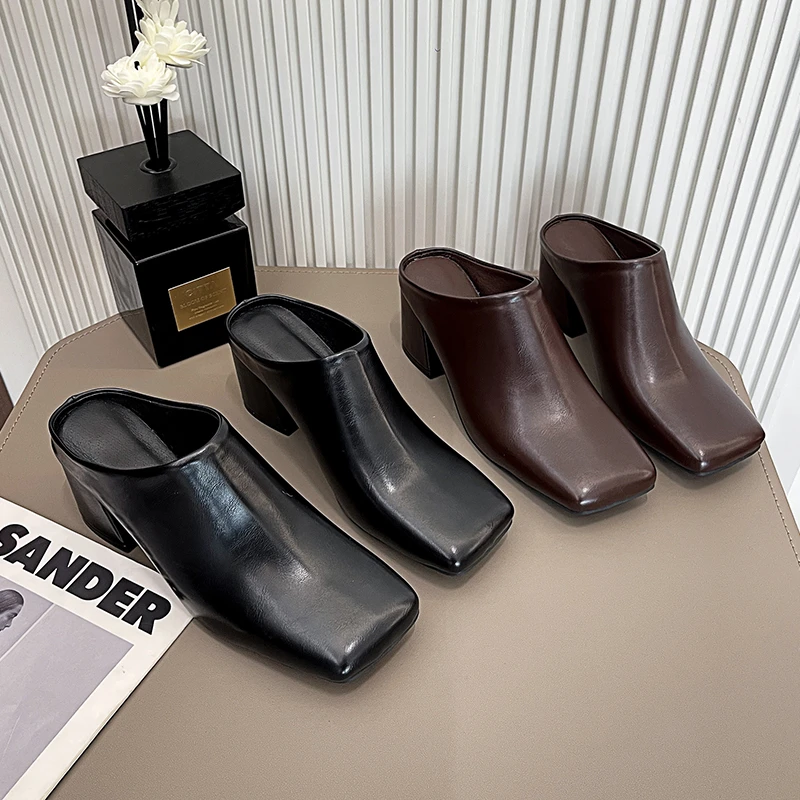 

Женские полутапочки Baotou, весна-лето 2026, мягкая кожа, маленький квадратный носок, танкетка, высокий каблук, крутая швабра