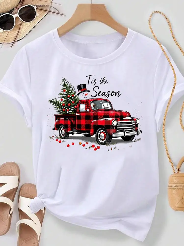 Checkered Alphabet Trendy Merry Christmas T-shirt Holiday Printed Fashion New Year's Women's T-shirt