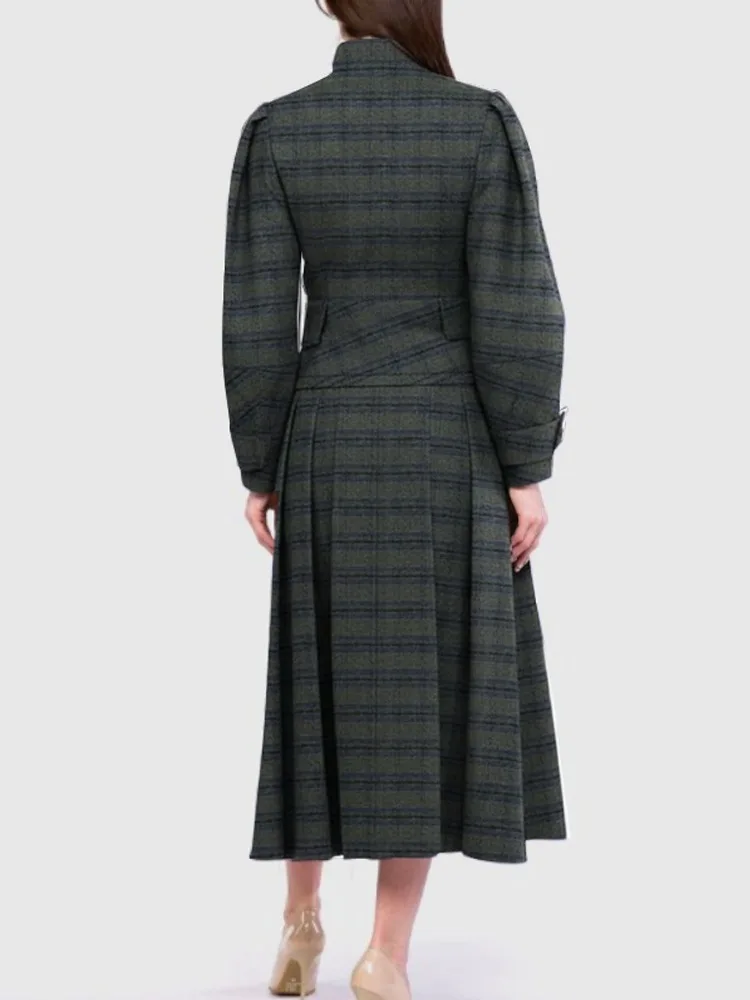 Women Vintage Plaid Office Party 2 Piece Sets Stand Collar Double Breasted Bubble Sleeves Jacket & High Waisted Midi Skirt Suits view 3