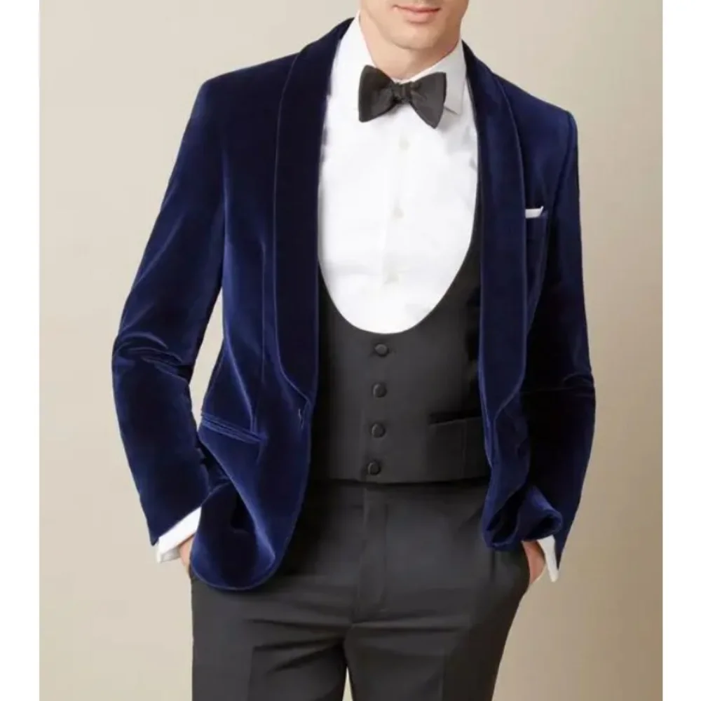 

Dark Blue Velvet Wedding Suit For Men Jacket Groom High Quality Slim Fit 3 Piece Tuxedo Custom Male Prom Blazer Black Vest Pants