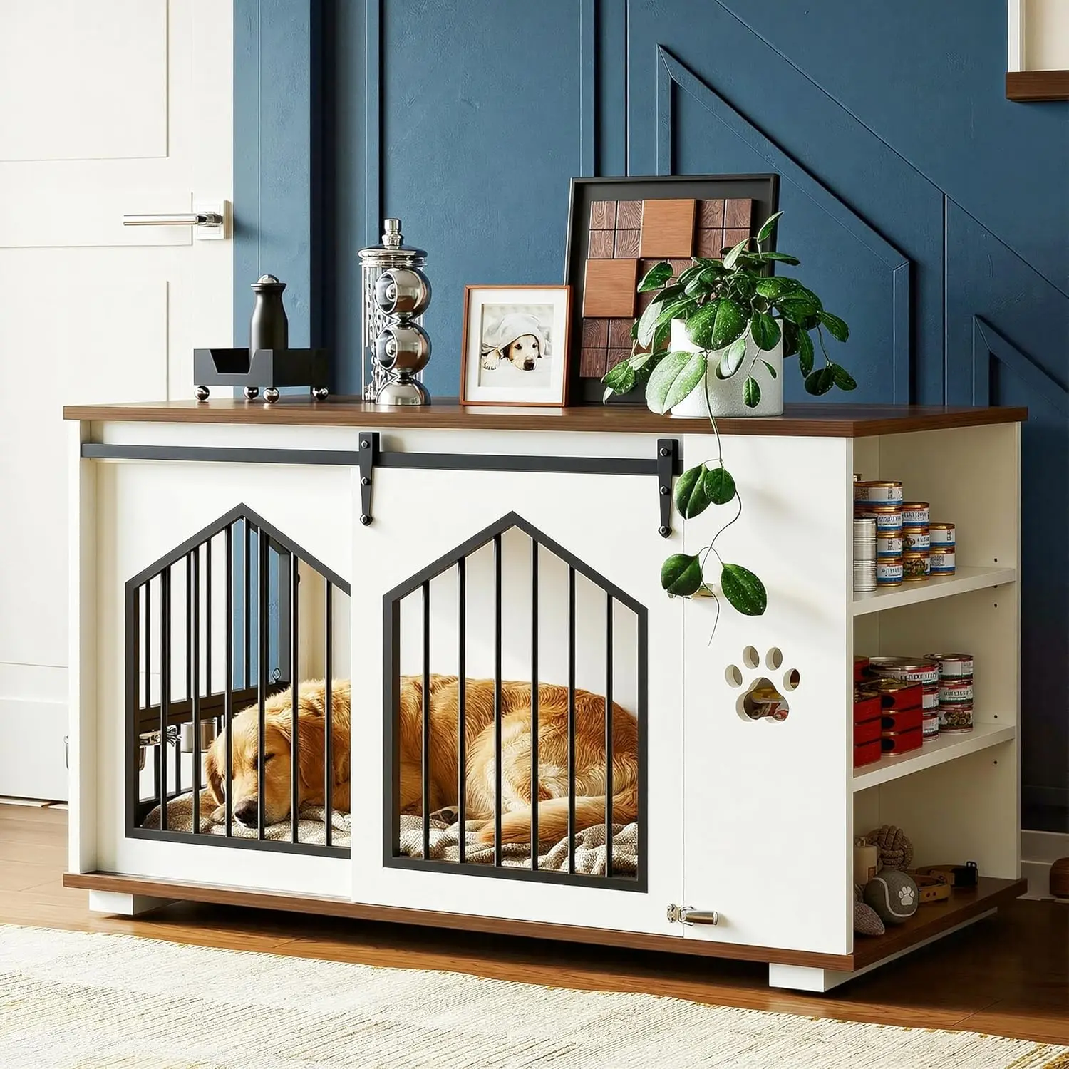 

Большая мебель-клетка для собак с 2 вращающимися мисками, деревянный домик для собак с 2 регулируемыми полками, дверями-складками, на заказ