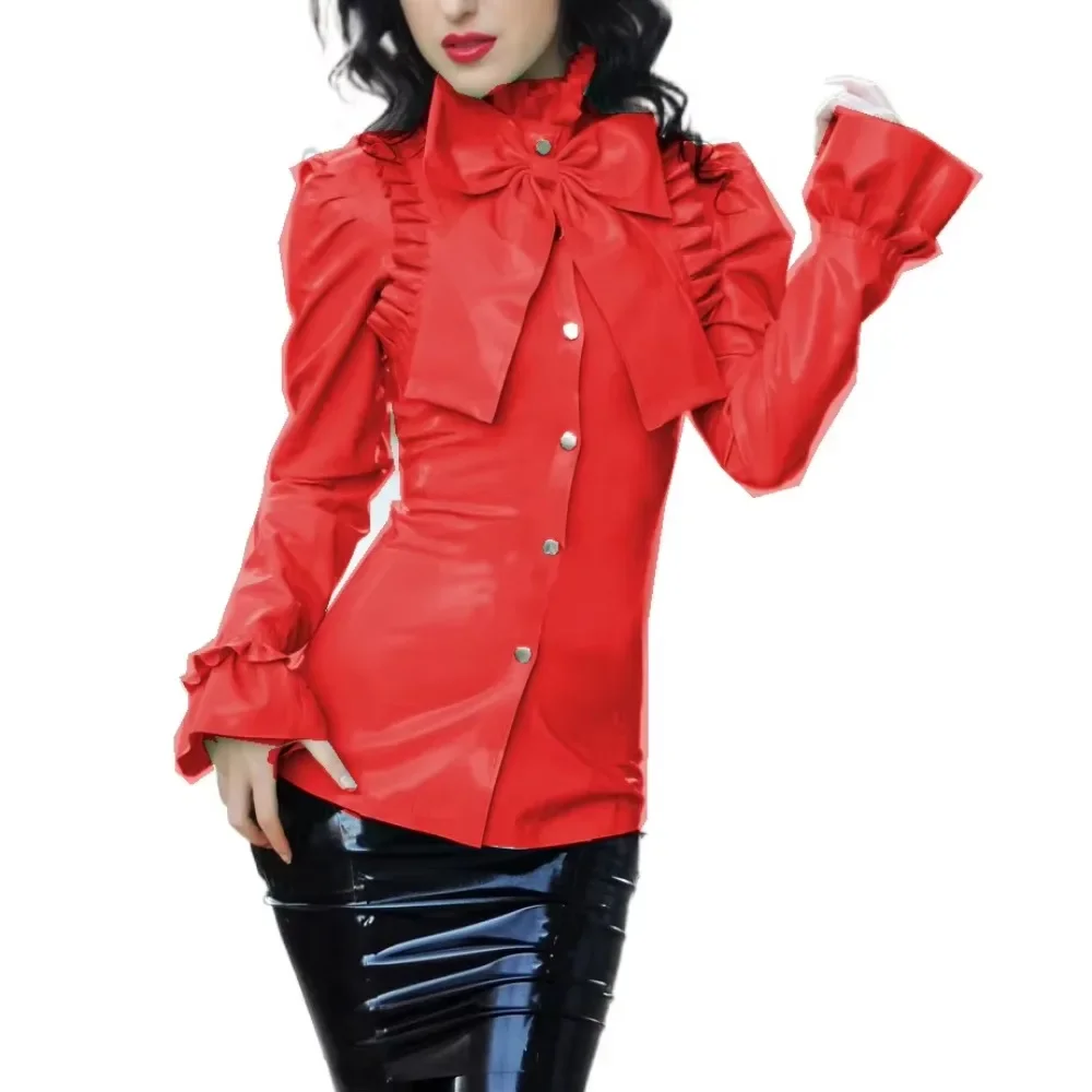 

Sexy Turn-down Neck Long Puff Sleeve Women Tops Bowknot Ruffles Slim Wetlook PVC T-Shirt Blosue Office Lady Sexy Party Clubwear