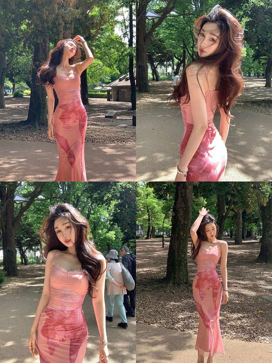 

Achi Розовое кружевное платье с принтом из волокна, женское длинное платье с завязкой на талии, праздничное платье, сексуальное летнее платье из сложенного полиэстера