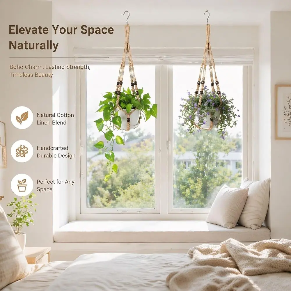 Plant Hanger 23, Set of 2 No Tassel Hanging Plant Holder Indoor, Sturdy Lower Pot Holder with Hooks - Brown (Pot NOT Included)