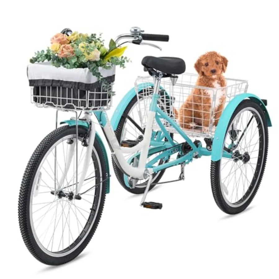 

Adult tricycle for urban commuting, aluminum alloy frame, matte black finish, 7-speed gearing and 26-inch wheels with 400 lb ca