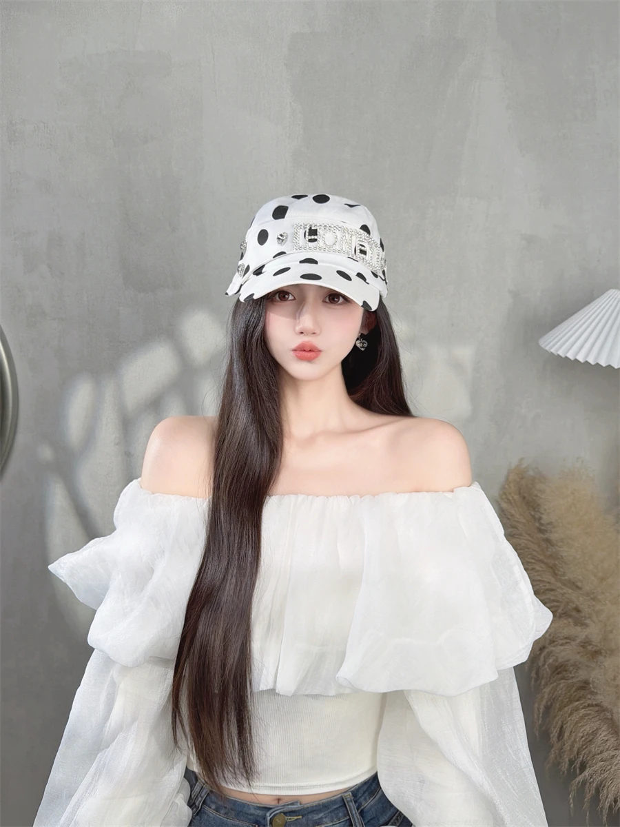 fashionable-nyuang-classic-black-white-polka-dot-sweetheart-letter-diamond-decorated-newsboy-hat-with-layered-foldover-duckbi