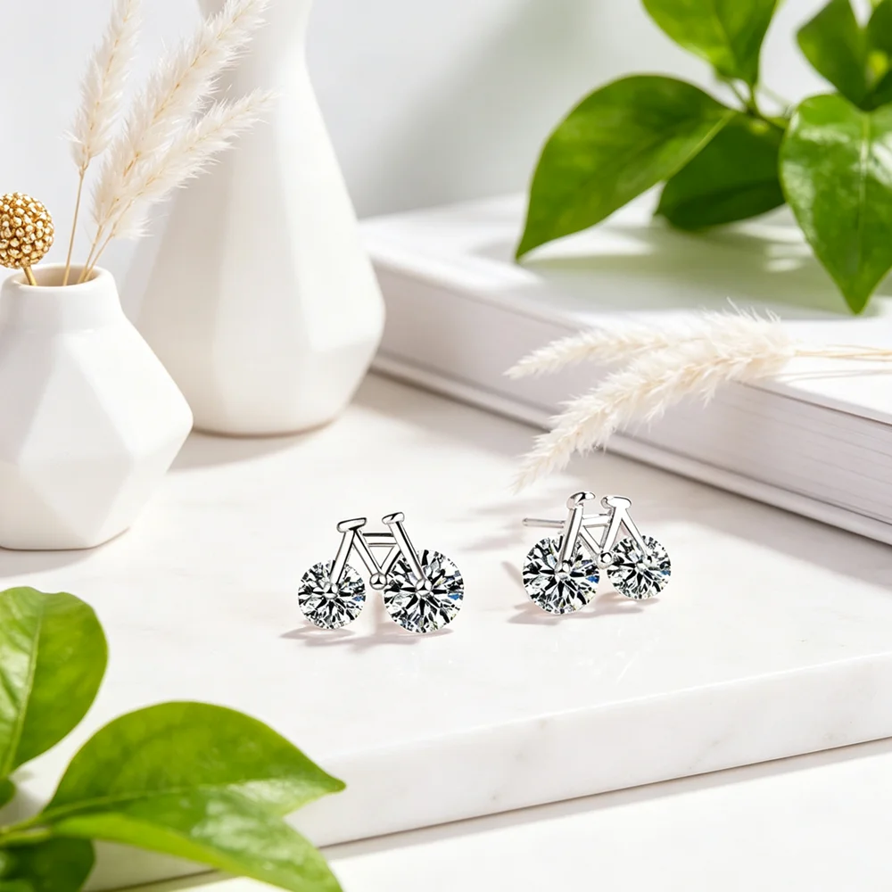 Genuine 925 Sterling Silver Trendy Korean Design Small Bicycle Shape Push Earrings For Women Bijoux Beautiful Summer Accessories