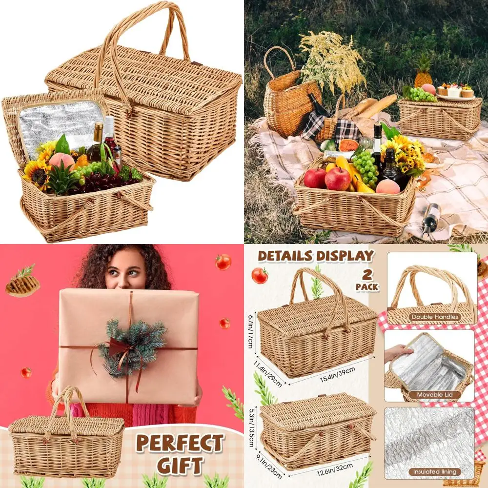 

sintuff 2 pcs wicker picnic basket with insulated cooler bag lids vintage picnic hamper with folding woven handle for camping su