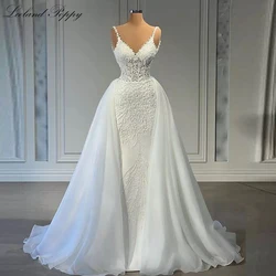 Lceland Poppy Customized V Neck Mermaid Lace Wedding Dresses Sleeveless Pearls Beaded Satin Bridal Gowns with Detachable Train