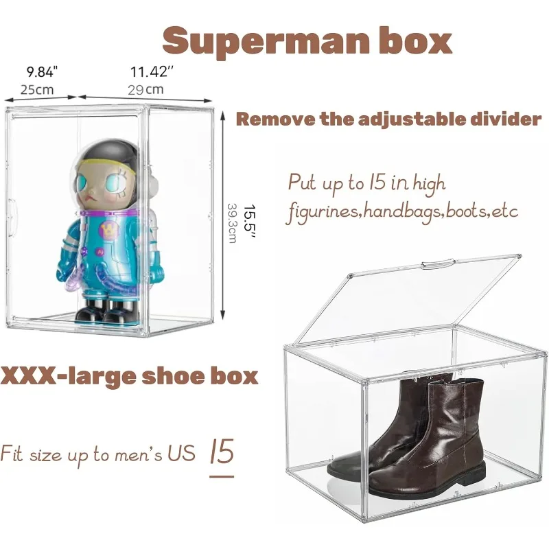 Box Organizers with an Adjustable Divider, set of 2, Shoe Boxes Clear Plastic Stackable with Lids, Big Display Storage Box