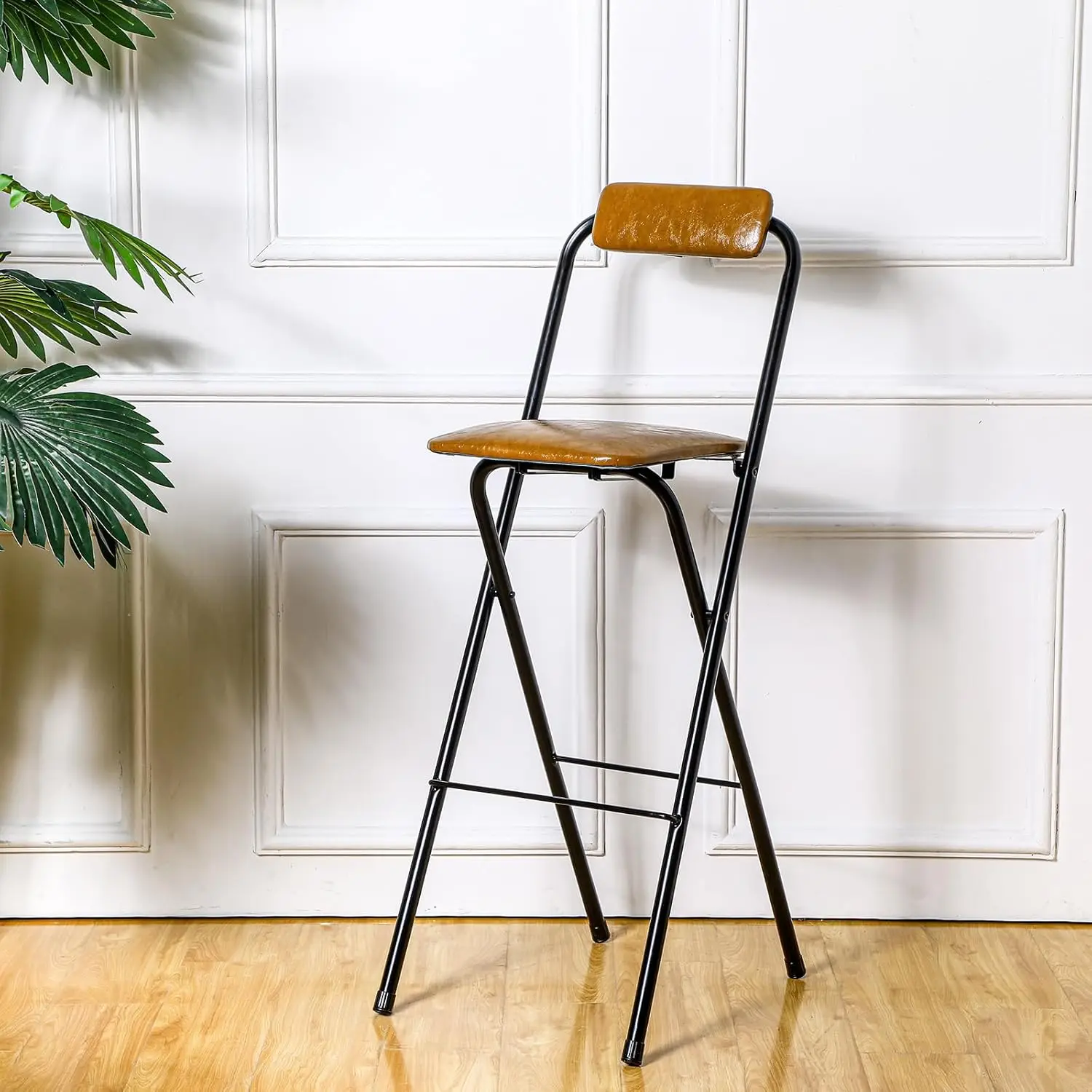 2 Pcs 29.5'' Folding Bar Stool With Back Tall Brown Leather Folding Stool Cushioned Padded Folding Counter Height Stool