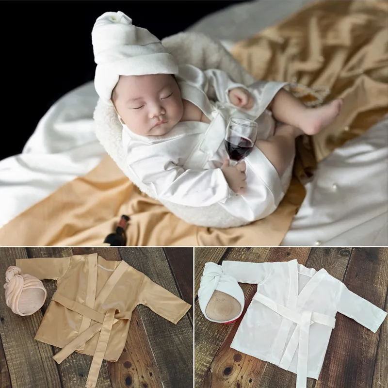 New style newborn photography costume props baby full moon photo Soft silk bathrobe and shower cap set