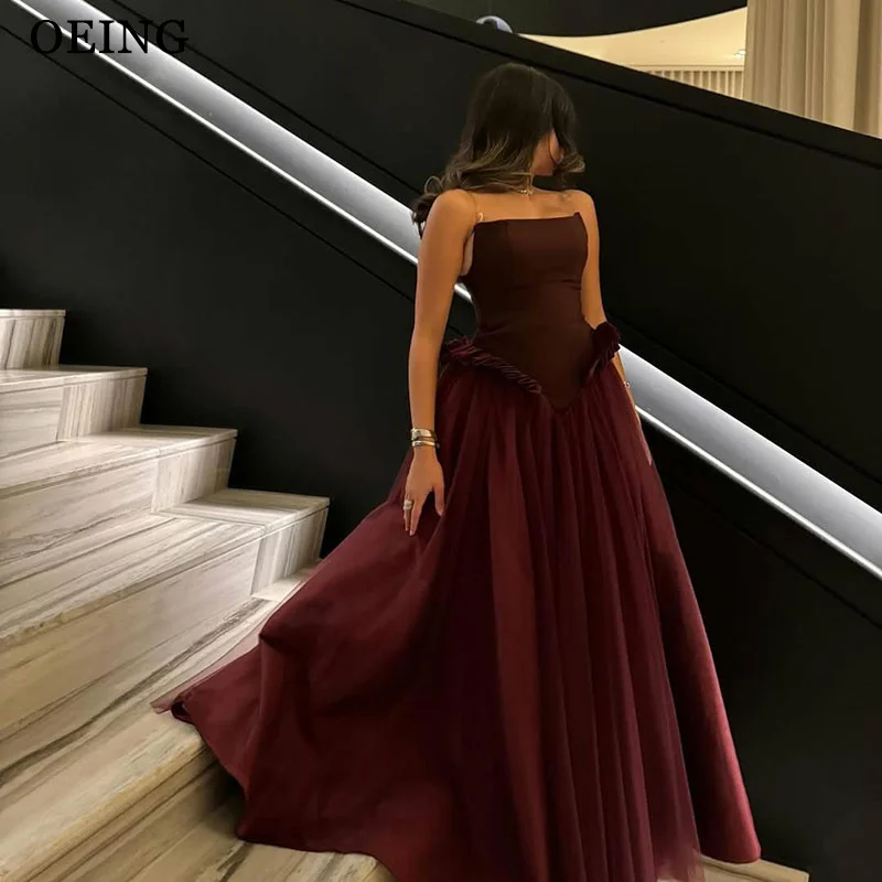 

OEING A-Line Burgundy Prom Dress Elegant Strapless Pleats Party Gowns Simple Floor-Length Evening Dress Customized