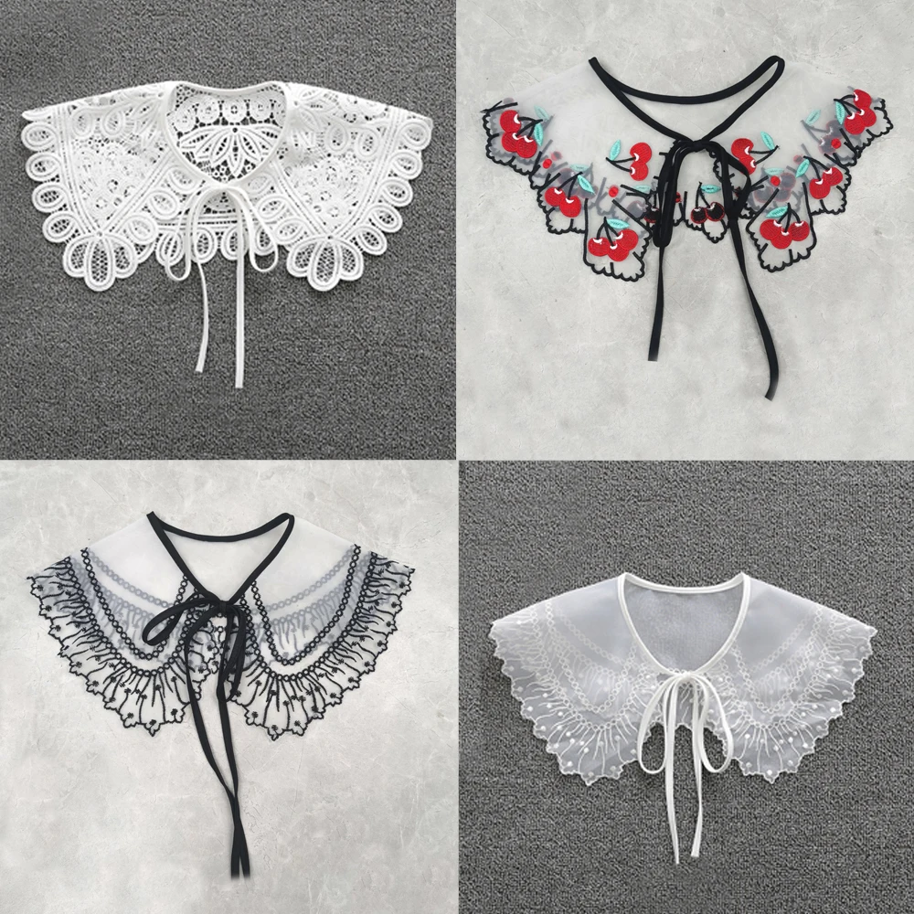 European Style Women Girls Chiffon Lace Fake False Collar Decorative Double Layer Floral Embroidery Choker Blouse Shawl Bowtie