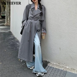 BGTEEVER 캐주얼 루즈 포켓 여성 오버사이즈 바람막이, 가을 겨울 긴팔 벨트 여성 더블 브레스트 트렌치 코트