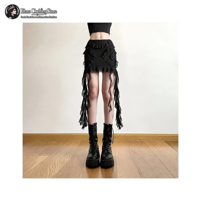 Ruffle Trim High Waist Mini Skirt Sheer Mesh Long Side Panels Womens Black Fitted Asymmetric Hem Casual Gothic Style Short Skirt