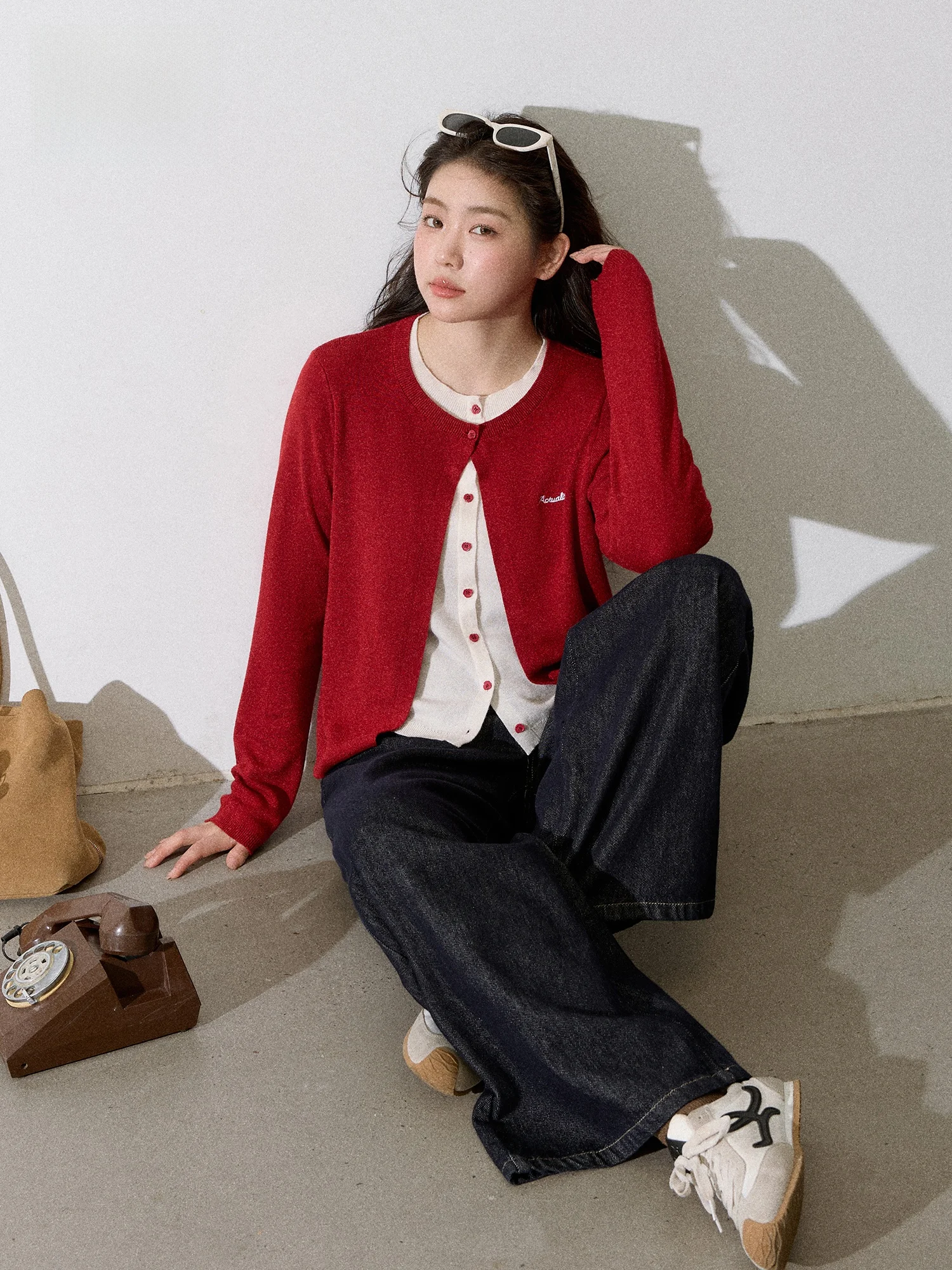 

Корейские красные трикотажные джинсы с эффектом похудения, женский модный комплект больших размеров, осенний сезон, длинные брюки с высокой талией