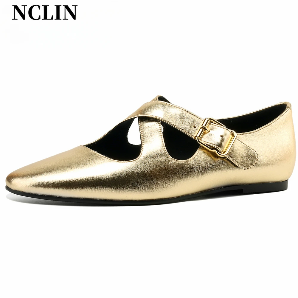 

NCLIN Loafers Shoes For Women Genuine Leather Mary Jane Flats Heels Buckles Casual Shoes Woman Soft Leather Comfort Flats