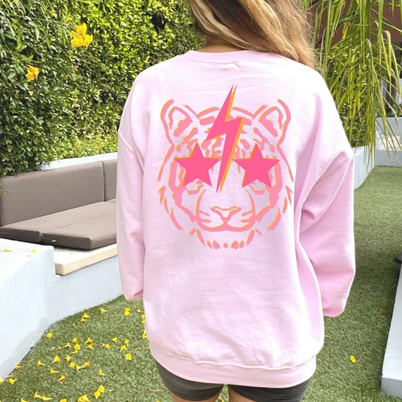 

Colored Lightning Tiger Printed Women Sweatshirt Retro O Neck Hoodies Gothic Clothes Jumper Graphic Pullovers Streetwear Outfits