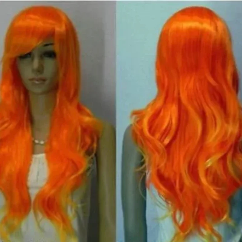 Wig wanita Cosplay panjang ikal oranye & kuning campuran modis