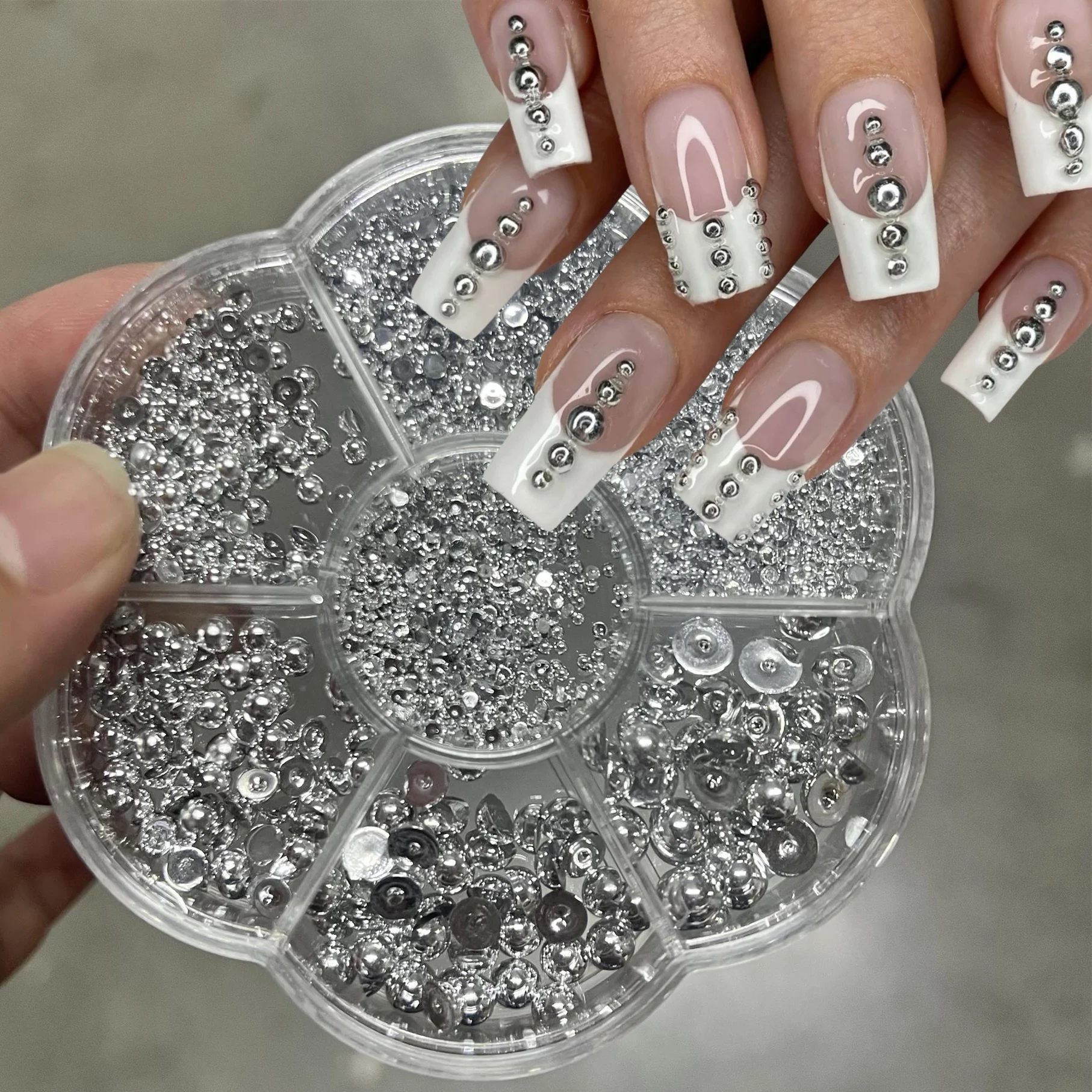 1Box 3D Mixed Size Silver Pearls Nail Art Charm Flat Bottom Semicircle Nail Art Decoration DIY Luxury Pearl Manicure Accessories