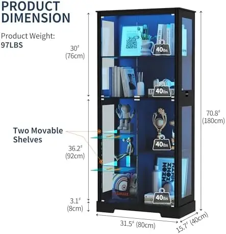71'' Display Cabinet with 5-Tier and 3 Color Lights for Collectibles,Black | Curio Cabinet with Removable Glass Shelf view 2